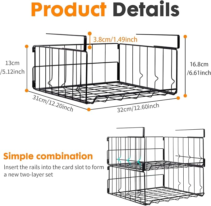Under Shelf Storage Baskets, Foldable Carbon Steel Under Cabinet Basket for Kitchen Cabinets Pantries Bookshelves Desk, Space-Saving Storage Solution (Black, 2 Pack)