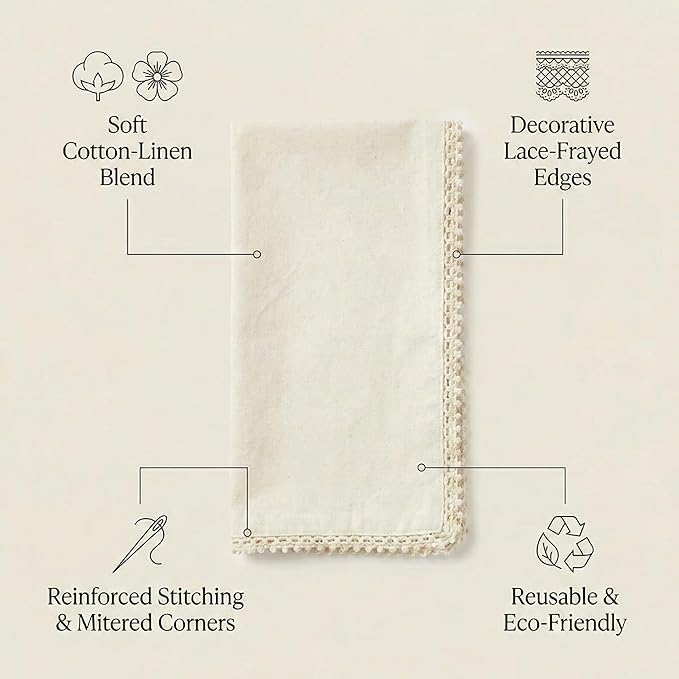 ACCENTHOME Cream Cloth Napkins Set of 12 18x18 inch Cotton Dinner Napkins - Washable Soft Premium Hotel Quality Reusable Napkins Perfect Table Napkins for Family Dinners, Weddings & Everyday Use
