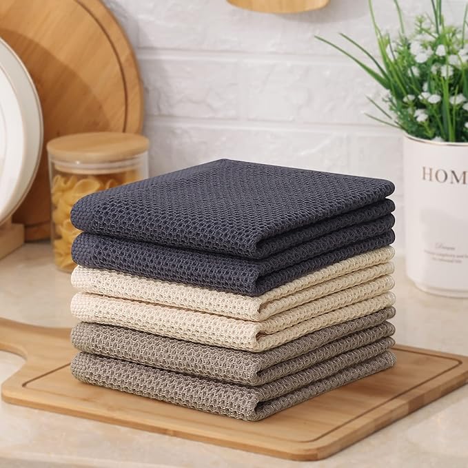 Kitinjoy 100% Cotton Kitchen Dish Cloths (12 X 12 Inches, Mixed Color), 6 Pack Waffle Weave Ultra Soft Absorbent Dish Towels for Drying Dishes Quick Drying Kitchen Towels Dish Rags