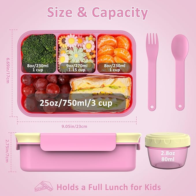 Caperci 50oz Larger Bento Box for Kids - Reinforced Leakproof Lunch Box Containers for Kids, Built-in Sauce Cup, Utensils, 4 Compartments, BPA-Free Microwave & Dishwasher Safe (Yellow/Pink)