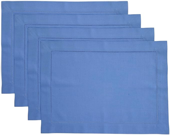 Solino Home Dusty Blue Placemats Set of 4 - Cotton Linen Hemstitch Placemats 14 x 19 Inch - Machine Washable Table Mats for Spring, Summer, Mothers Day