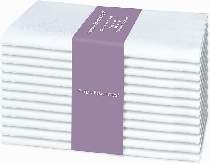 PurpleEssences Set of 12 Cloth Dinner Napkins 100% Cotton 18x18 Inch - Soft Durable Washable - Ideal for Farmhouse Party Spring Summer - Perfect Everyday Use Table Linen - White