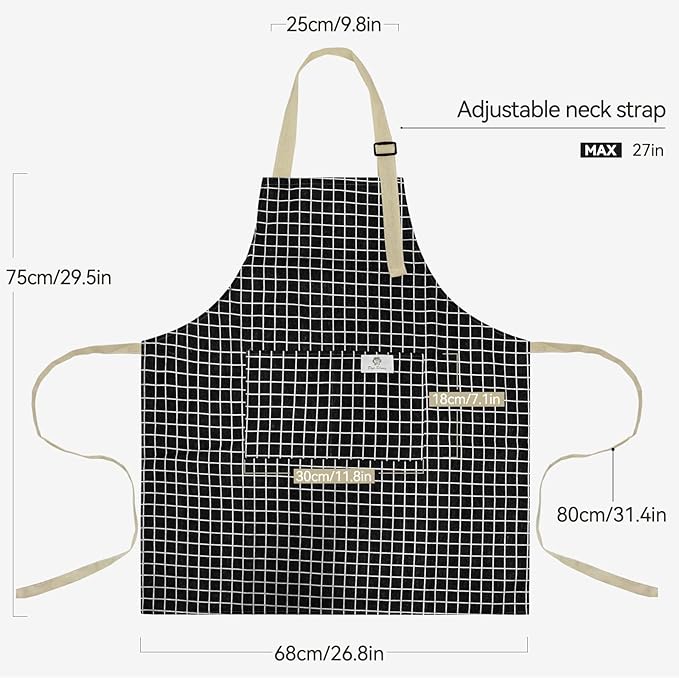 NLUS 2 Pack Kitchen Cooking Aprons, Adjustable Bib Waterproof Chef Apron with 2 Pockets for Men Women(Grey Stripe/Black Plaid)