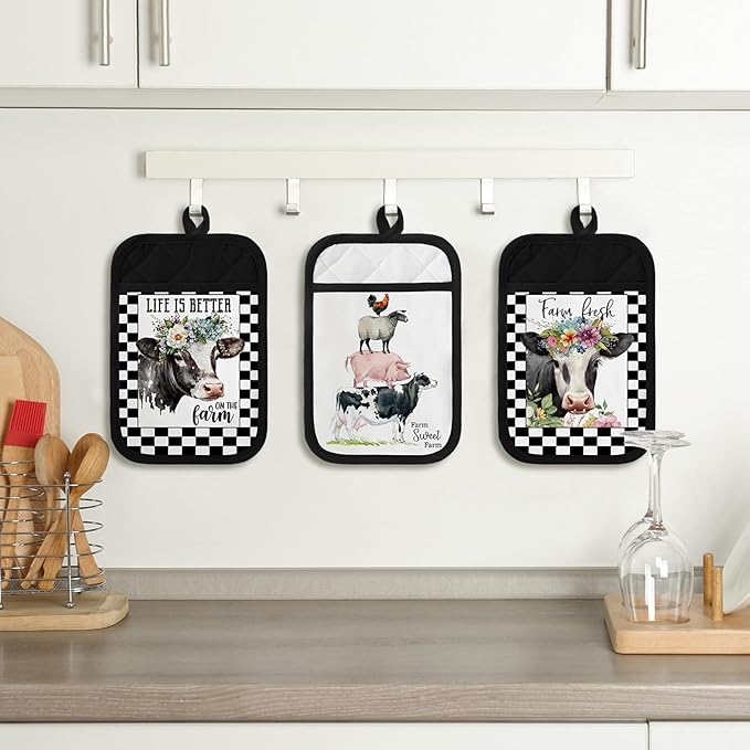 8 Pcs Pot Holders with Pocket Farmhouse Kitchen Decoration Farm Animal Cute Heat Resistant Potholders Hot Pad Oven Mitts Cookie Bag Oven Gloves for Kitchen Decorations Baking Cooking Gifts