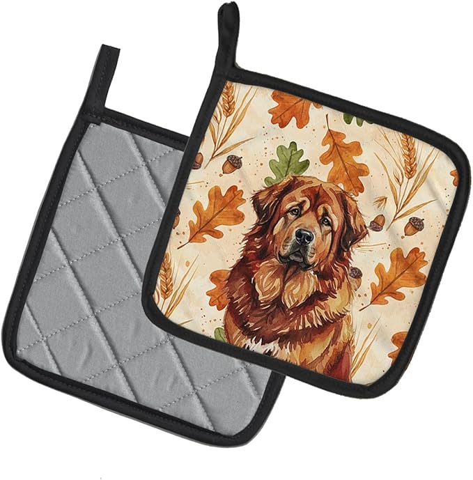 Caroline's Treasures Red Gold Tibetan Mastiff Heirloom Fall Pair of Pot Holders Pair 7.5x7.5 Quilted Insulated Hot Pads Decorative Kitchen Gift Made in USA
