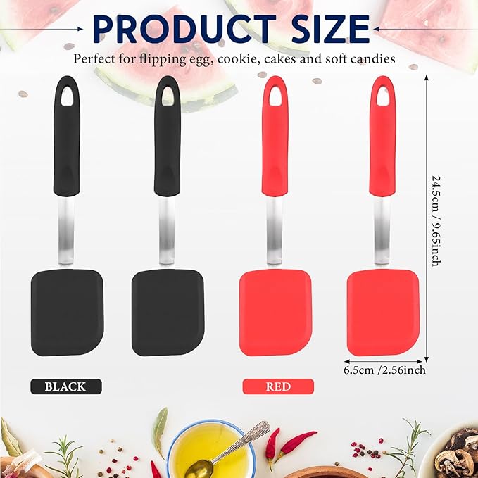 Gejoy 4 Pcs Silicone Cookie Spatula Turner Mini Brownie Spatula Flexible Silicone Spatulas Nonstick Cookware Heat Resistant No Scratch Flipper Baking Utensils for Egg Pancake(Red, Black)
