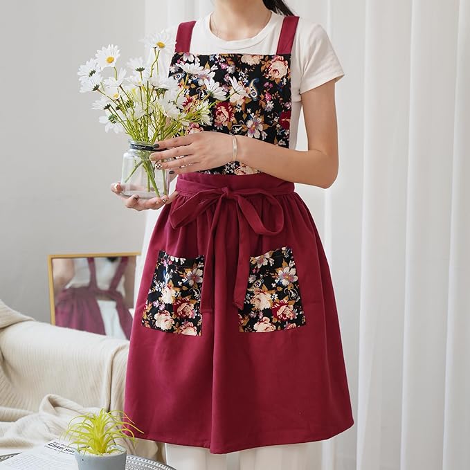Pinknoke Vintage Pinafore Apron Dress for Women with Pockets Cute Floral Chef Aprons for Kitchen Cooking Baking Gardening