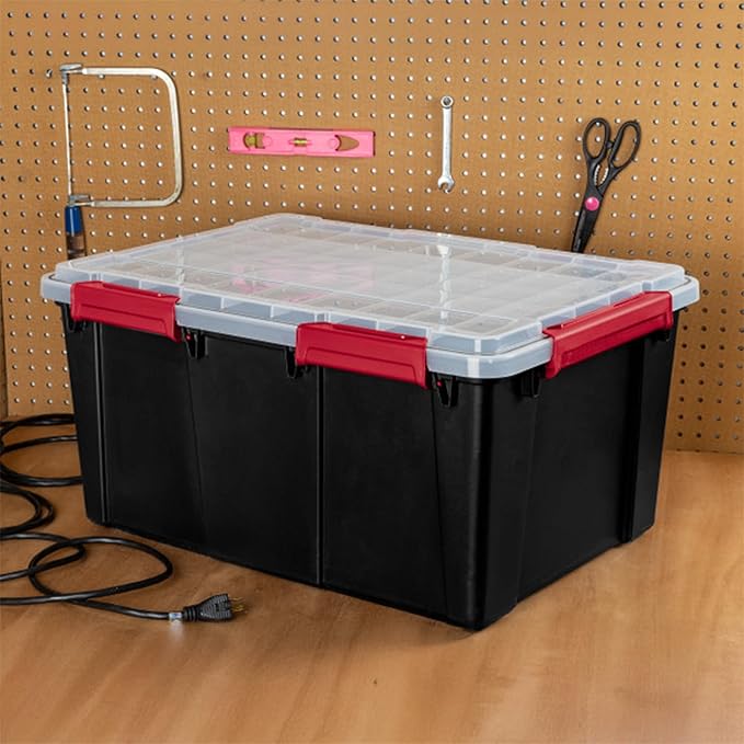 Sterilite 4 Pack Gasket Box, Stackable Plastic 20 Gallon Storage Container with Lids, Black - Waterproof and Dustproof Tote for Home Organization