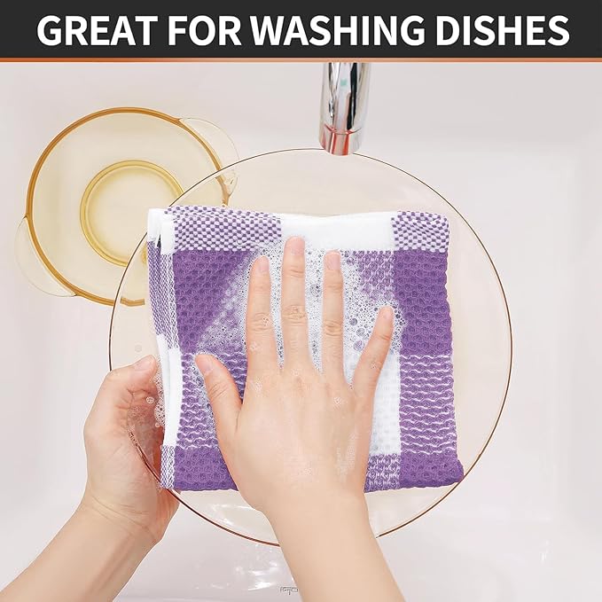 Homaxy 100% Cotton Waffle Weave Check Plaid Dish Cloths, 12 x 12 Inches, Super Soft and Absorbent Dish Towels Quick Drying Dish Rags, 6-Pack, White & Purple