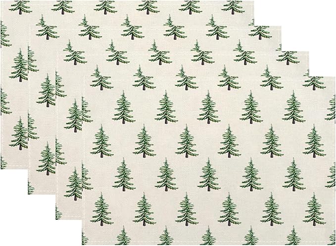 Christmas Trees Placemats Set of 4 Sage Green Christmas Decor Place Mats 12x18 Inch Xmas Winter Holiday Farmhouse Decorative Linen Table Mats for Home Kitchen Dining Party Table Decoration