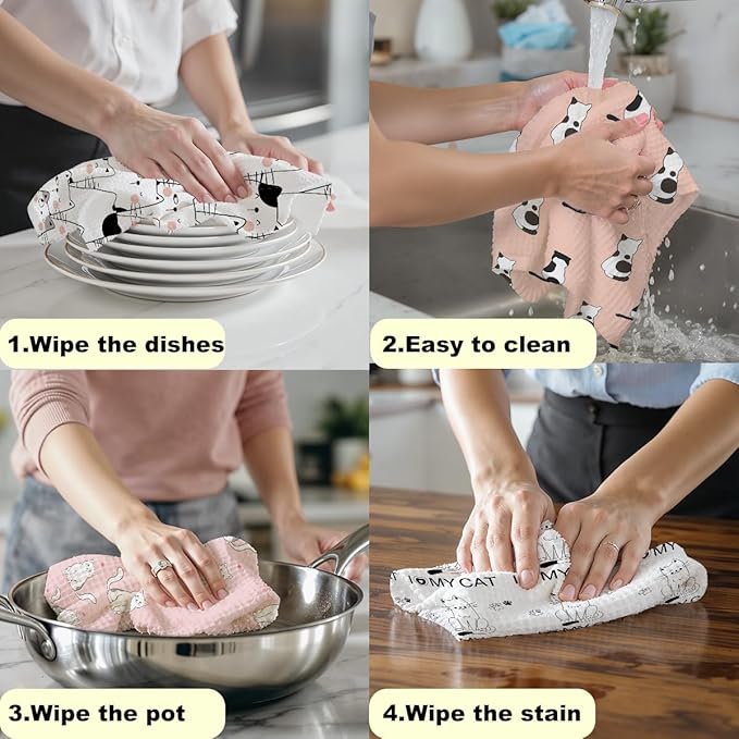 4 Pcs Adorable Cat Kitchen Towels, Decorative Absorbent Microfiber Dish Cloth Tea Towel, Waffle Soft Hand Towels for Farmhouse Home Bathroom, Cat Lover Gifts 2