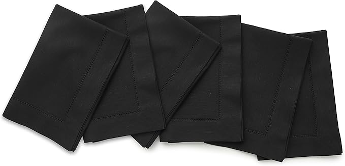 Solino Home Black Napkins Set of 6 - Cotton Linen Hemstitch Dinner Napkins Cloth 20 x 20 Inch for Spring, Summer, Mothers Day - Handcrafted and Machine Washable