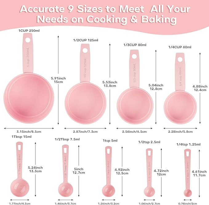 Measuring Cups and Spoons Set of 9, Stainless Steel Measuring cup for Cooking and Baking, Measuring spoons for Dry and Liquid Ingredients (Pink)