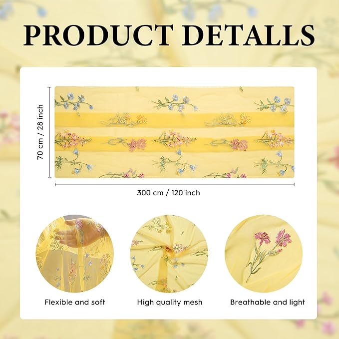 Artoid Mode Wildflower Floral Yellow Gauze Embroidery Table Runner 120 Inch 10FT, Tulle Seasonal Spring Kitchen Dining Table Decor for Home Party