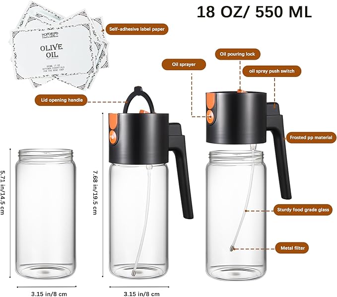 Glass 2 In 1 Olive Oil Dispenser Bottle for Kitchen Gadgets, Olive Oil Sprayer for Cooking 17.2oz/511ml (Transparent)