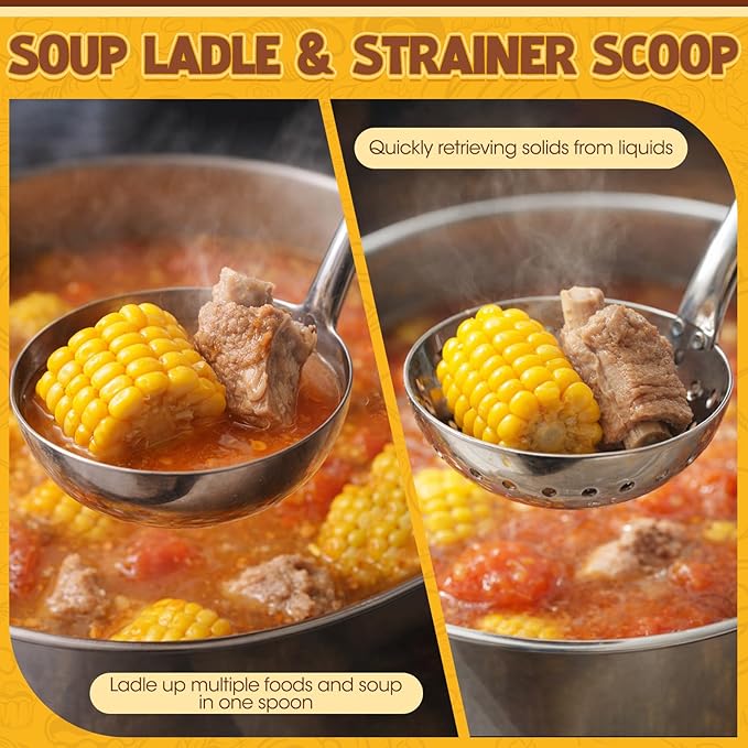 Stainless Steel Soup Ladle Serving Ladle Scoop and Slotted Spoon Set of 2 with Hook for Hanging, Cooking Utensils Set for Kitchen(3 oz)