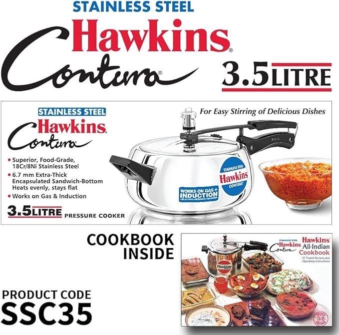 Hawkins 3.5 Litre Contura Pressure Cooker, Stainless Steel Inner Lid Cooker, Handi Cooker, Induction Cooker, Silver (SSC35)
