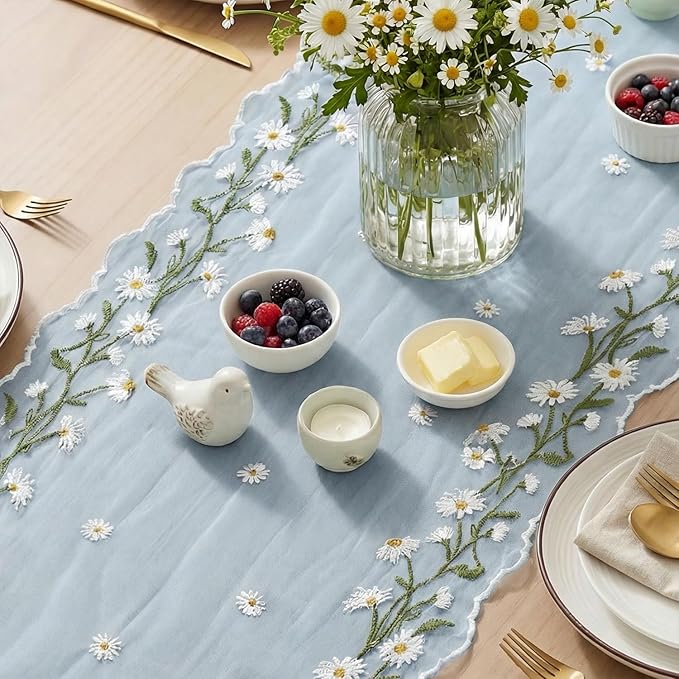Artoid Mode Daisy Floral Sky Blue Shaped Gauze Embroidery Table Runner 120 Inch 10FT, Tulle Spring Summer Kitchen Dining Table Decor for Home Party