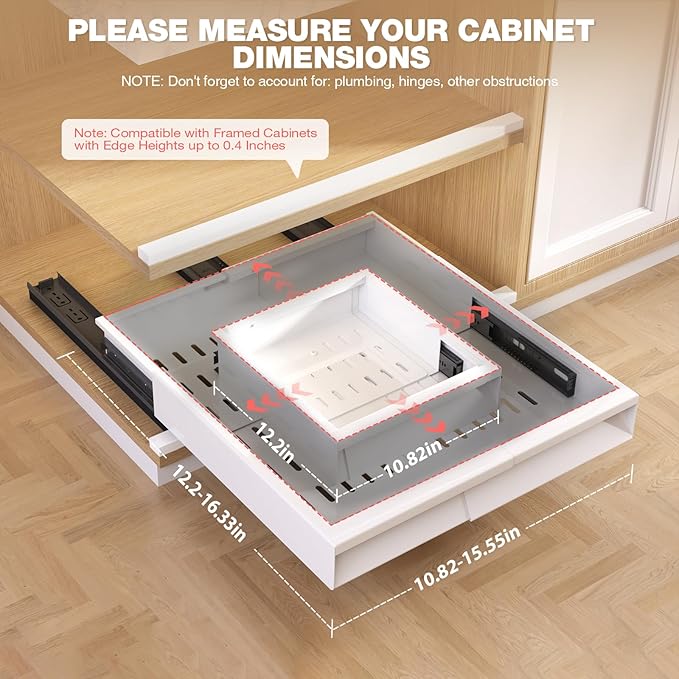 Seinloes 2 Pack Pull Out Cabinet Organizer With Raising Pad for Framed Cabinets,Expandable Width (11"-16") and Depth (13"-17"),3 Slide Rails Slide Out Drawers with Handle,No-Drill Roll Out Shelf,White