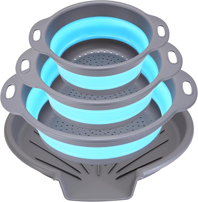 Collapsible Colander Set with Oversized Draining Tray | 3-Pack Foldable Kitchen Strainers + Base | Space Saving for Pasta, Veggies, Fruit & Rice | 5 Colors (Gray-Blue)