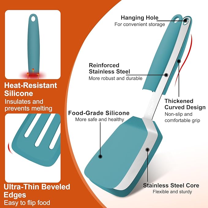 2 Pack Silicone Spatula Set, 600°F Heat Resistant Kitchen Spatula, BPA Free Solid & Slotted Turner, Flexible Cooking Utensils for Non Stick Frying Pan, Flipper for Eggs and Pancakes (Blue)