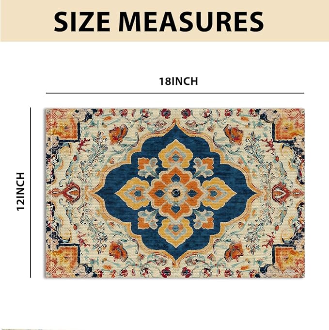 Vintage Boho Placemats Set of 4, Deep Navy Blue Warm Orange Flowers Bohemia Table Mats, Washable Heat Resistant Linen Fabric Place Mats for Kitchen Home Party Dining Decoration 12x18 Inch