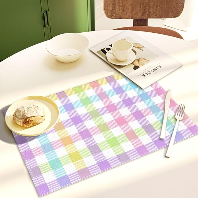 Nepnuser Linen Easter Buffalo Check Plaid Placemats Set of 4 Rustic Spring Place Mats for Home Kitchen Dining Table Decoration (12" x 18")