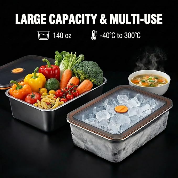 Stainless Steel Food Storage Containers, Silver, Airtight with Vacuum Seal, Stackable Rectangular, 3-Piece Set, BPA-Free Lids, for Meal Prep and Leftovers Storage (deep - 3.3'' Height)