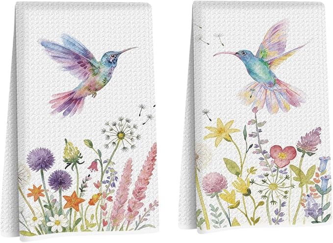 2 Pcs Hummingbird Kitchen Towels, Floral Decorative Absorbent Microfiber Dish Cloth Tea Towel, Waffle Soft Towels, Hummingbird Gifts for women Spring Party Holiday Supply Bathroom Housewarming