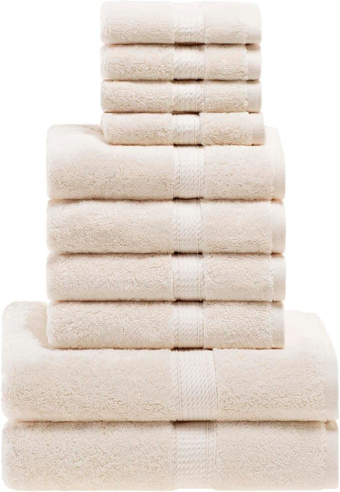 SUPERIOR Egyptian Cotton Pile 10 Piece Towel Set, Includes 2 Bath, 4 Hand, 4 Face Towels/Washcloths, Ultra Soft Luxury Towels, Thick Plush Essentials, Guest Bath, Spa, Hotel Bathroom, Cream