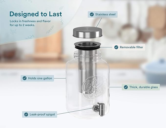Kook 1 Gallon Mason Jar Drink Dispenser, Thick Glass Carafe, Stainless Steel Spigot and Mesh Filter, Premium Iced Coffee Maker, Cold Brew Pitcher & Tea Infuser