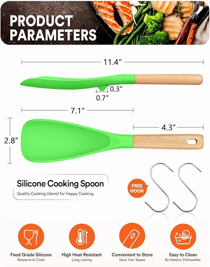 Cooking Spoon for Nonstick Cookwares, Great for Cooking and Serving Sturdy BPA-Free Matte Silicone, Wood Handle Spoon for Mixing, Scoop, and Scrape (AGR, 11.4 inch)