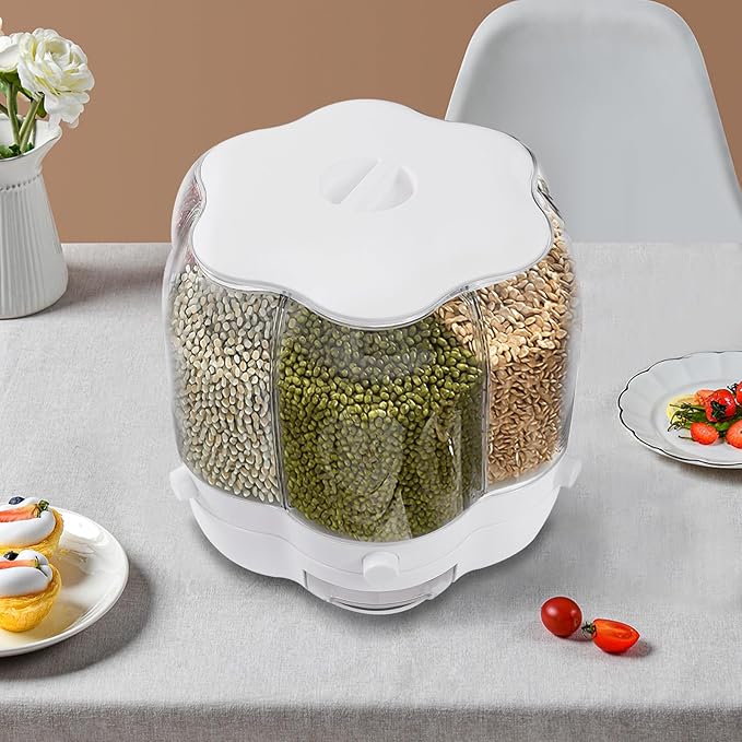 6 Grids Grain Dispenser Can, 360°Rotating Cereal Rice & Grain Storage Container Large Rotating Food Dispenser Sealed Grain Food Storage Bucket with Lid for Kitchen Grains Rice Beans (27.56Lbs White)