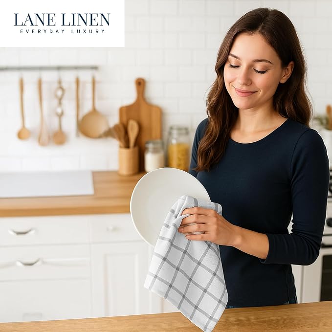 LANE LINEN Cotton Kitchen Towels and Dish Cloths Set, 6-Pack – Absorbent, Quick-Drying Dish Towel, 18" x 28", Soft, Premium Hand and Tea Towels - Grey