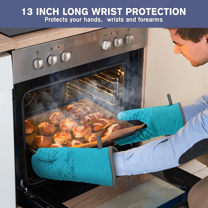 6 Pcs Oven Mitts and Pot Holders, 500℉ Heat Resistant Oven Mitts with Kitchen Towels Soft Cotton Lining and Non-Slip Silicone Surface Safe for Baking, Cooking, BBQ (Lake Blue)