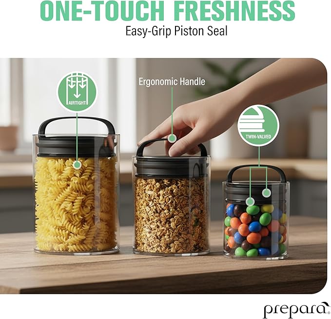 Prepara Evak Fresh Saver Short Vacuum Seal Canisters, Assorted Sizes - Grip Handle Lid, BPA Free Twin-Valve Airtight Jar for Coffee, Tea, Snacks - Pantry Organizer & Compact Kitchen Storage (3-Pack)