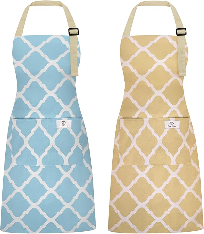 2 Pieces Aprons for Women with Pockets, Cotton Linen Waterproof Kitchen Cooking Aprons, Chef Apronfor Men Women with Adjustable Neck Strap and Long Ties(Blue/Yellow)
