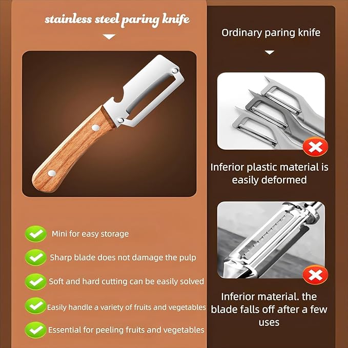 MultiFunctional Vegetable Peeler for Kitchen，Multifunctional Vegetable Peeler with Wooden Handle and Bottle Opener，2-in-1 Stainless Steel Kitchen Tool for Fruit Apple Potato Pumpkin Papaya (2)