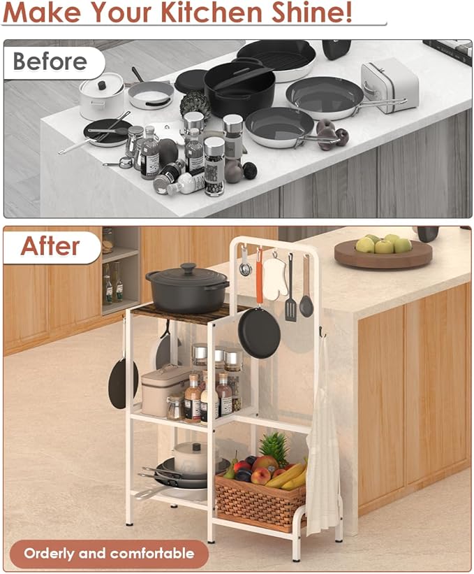 mocomax Kitchen Stand Shelf with Storage, 3-Tier Utility Baker's Rack for Spices, Adjustable Coffee Bar Station with 8 Hooks, Space-Saving Microwave Oven Stand for Pots, Pans & Utensils, White