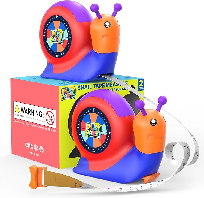 8ft Kids Tape Measure, STEM Educational Tool with Level, Protractor and Eraser, Retractable Snail Shaped Measuring Tapes, Child-Safe Stocking Stuffers Gift for Boys & Girls 3+, Double Blue