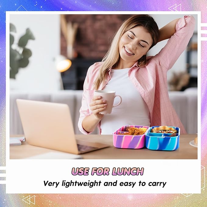 Layhit 2 Pcs Silicone Bento Box for Adults, 27 oz Bento Lunch Container Reusable 3 Compartment Lunchable Food Container for Women Men, Leak Proof Microwave Dishwasher Freezer Safe (Pad Dyeing Colors)