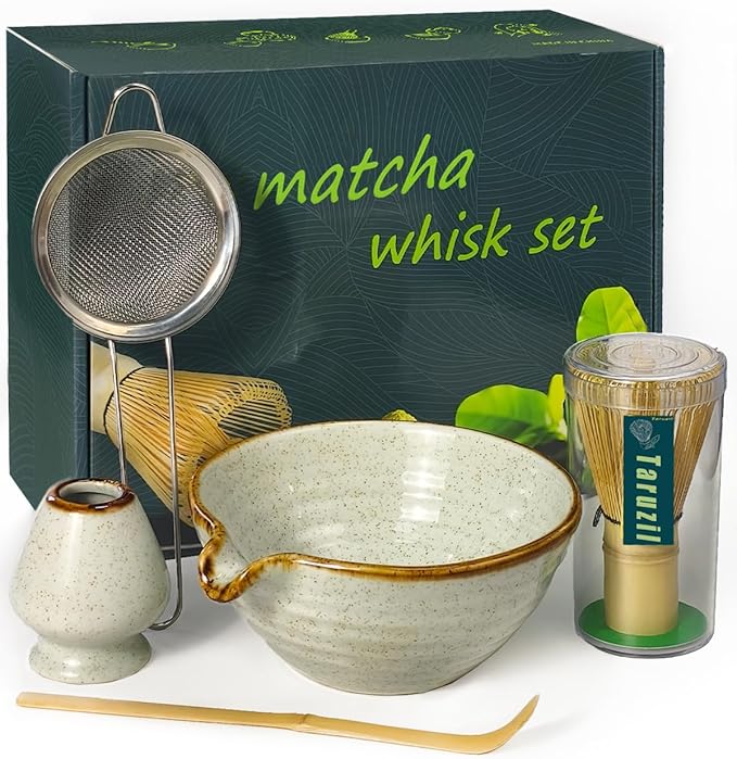 Taruzil Matcha Whisk Set with Matcha Bowl, Matcha Bamboo Whisk, Scoop, Sifter, Matcha Whisk Holder Unique Gifts for Women Mom Her Girl Friend Home Kitchen Decor Gifts for Christmas, Birthday