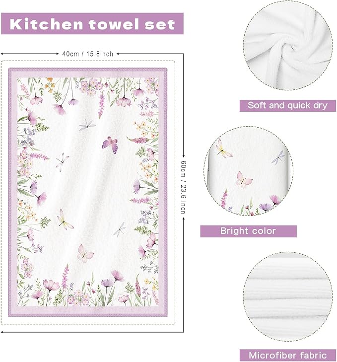 Spring Floral Butterfly Microfiber Kitchen Towels, Soft Absorbent Summer Hand Towel 15.7 × 23.6 inch, Thick Dish Cloth for Party Anniversary Holiday Decoration, Housewarming Gifts for Mom