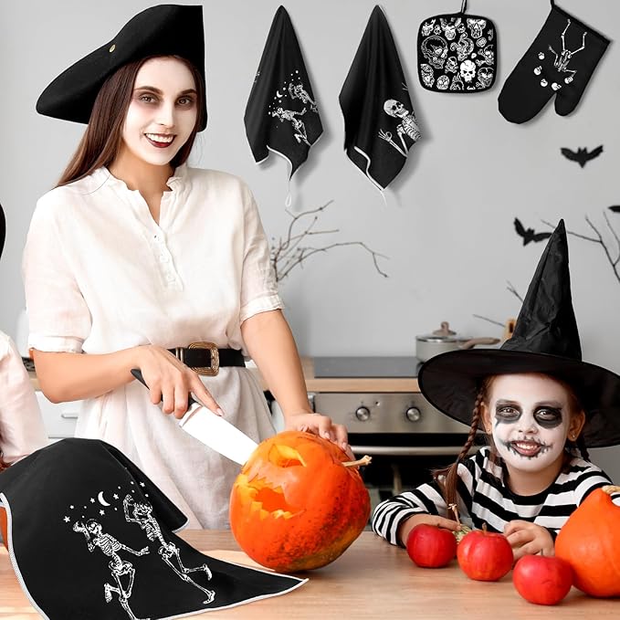 Leinuosen 8 Pcs Skull Kitchen Decor Set Kitchen Towels Gothic Oven Mitts and Pot Holders Skeleton Hand Dish Towels Horror Oven Mitts for Home Decoration Party Gifts (Black and White,Skeleton)