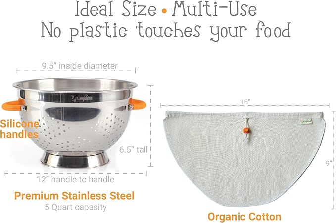 Greek Yogurt Strainer Set: Stainless Steel Colander & Bowl with Organic Cotton Strainer Pouch | Premium Greek Yogurt Maker, Large 5-Quart Size