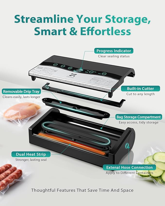 90kPa Vacuum Sealer Machine, Automatic Food Sealer with Double Heat Seal Option, Dry & Moist Modes, Built-in Cutter and Bag Storage, Starter Kit with Bag Rolls and Hose, Black