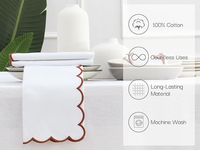 PurpleEssences Rust Scalloped Embroidery Cloth Napkins - Spring Easter Summer - Table Decor - 100% Cotton - Set of 4-18x18 inch - White - Edges - Rust