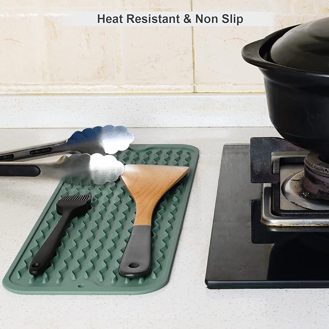 ZLR Silicone Sponge Holder & Sink Caddy Tray (6" x 17") - Narrow Dish Drying Mat for Kitchen Counter - Waterproof Soap Dispenser Organizer, Non-Slip Bathroom Vanity Tray (Dark Green)