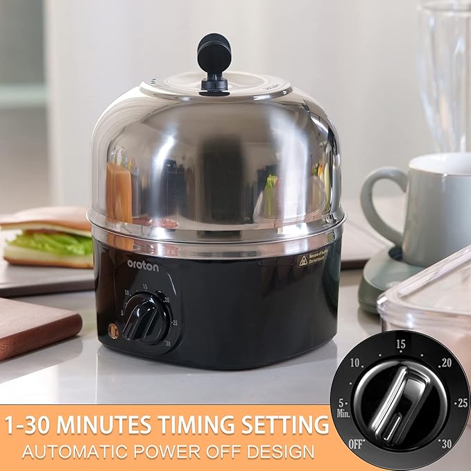 Oroton 304 stainless steel inside and outside Rapid Egg Cooker, 9 Egg Capacity Electric Egg Cooker for Hard Boiler Eggs,Poacher Eggs,Scrambled Eggs,Hard Boiled Auto Shut-Off,30 Minutes Timer Settings
