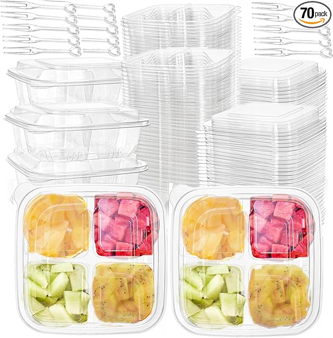 70 Pack Clear Bento Boxes 4 Compartment, Disposable Lunch Snack Containers with Lid, Food Storage Meal Prep Divided Containers with 200 pcs Fork for Camping, Lunch, Work, Travel